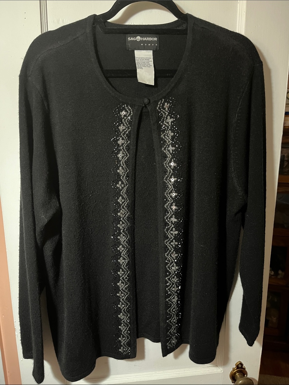 Sag Harbor Black Sequin Trim Cardigan